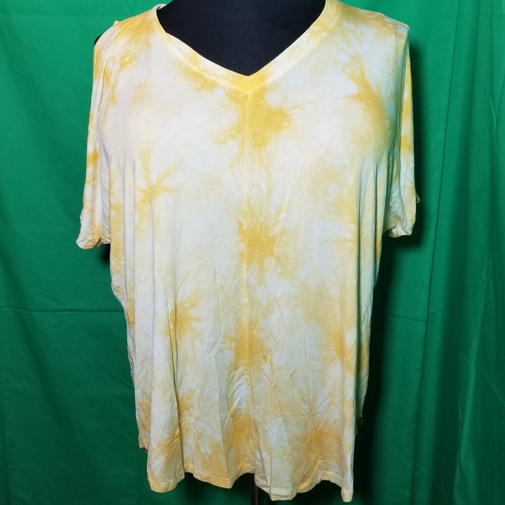 Lane Bryant LIVI Active Tie Dye Top Yellow White Size 18/20 Slit Sleeve‎ Hippie